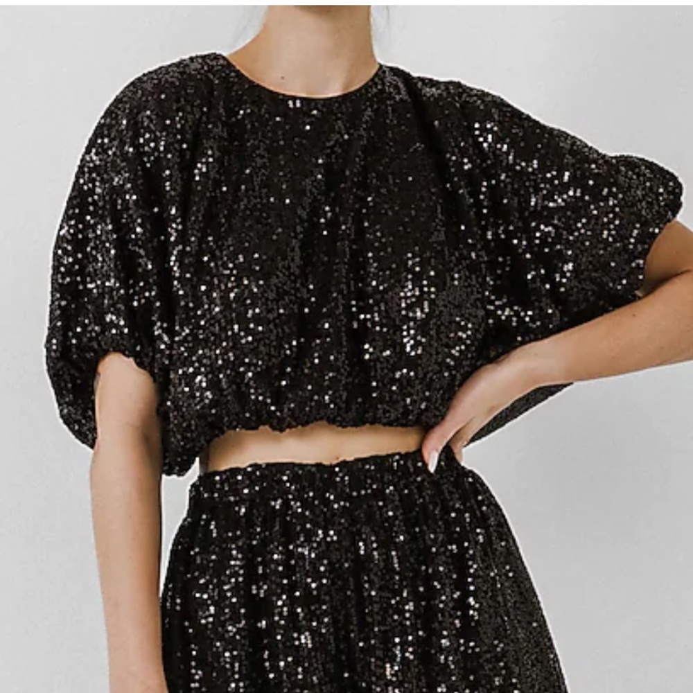 Endless Rose Sequin Cropped Puff Sleeve Top Black small
